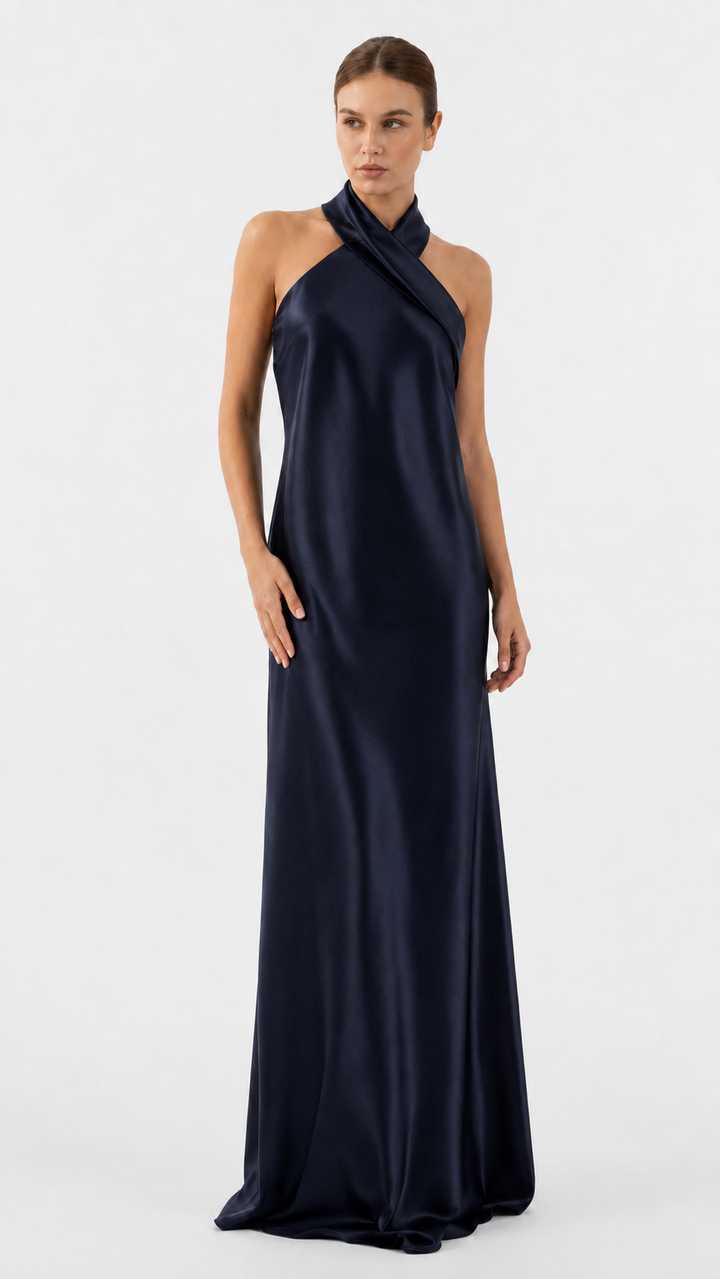 Black Cross Halter Satin Evening Gown – NOVA