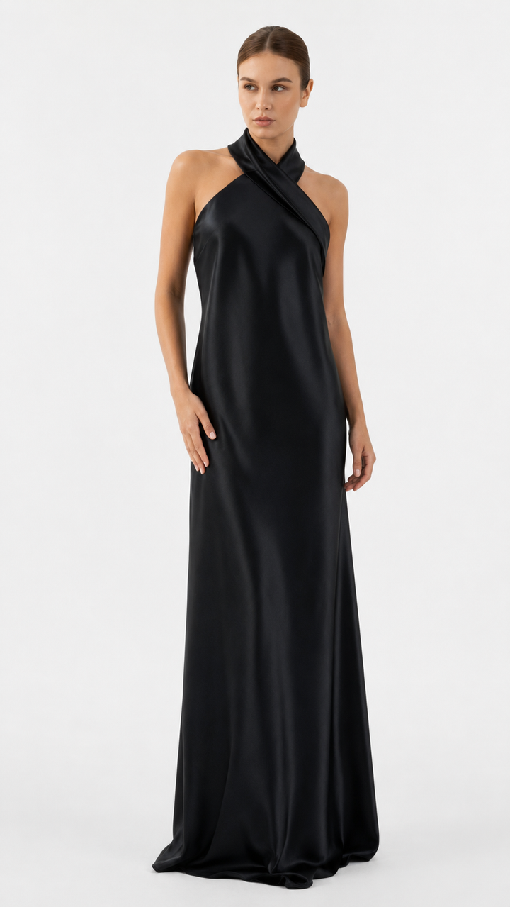 Black Cross Halter Satin Evening Gown – NOVA