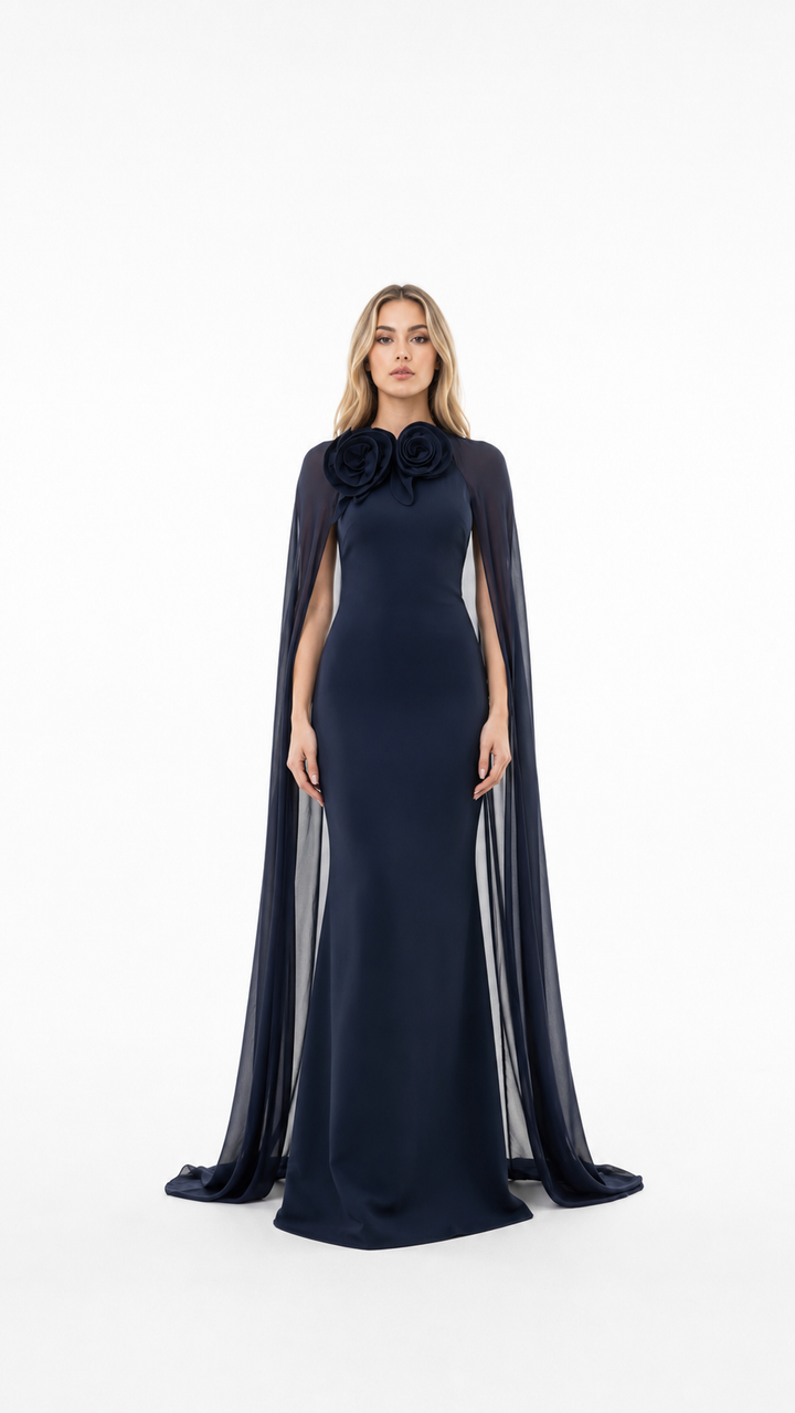 Navy Floral Cape Mermaid Evening Gown – STELLA