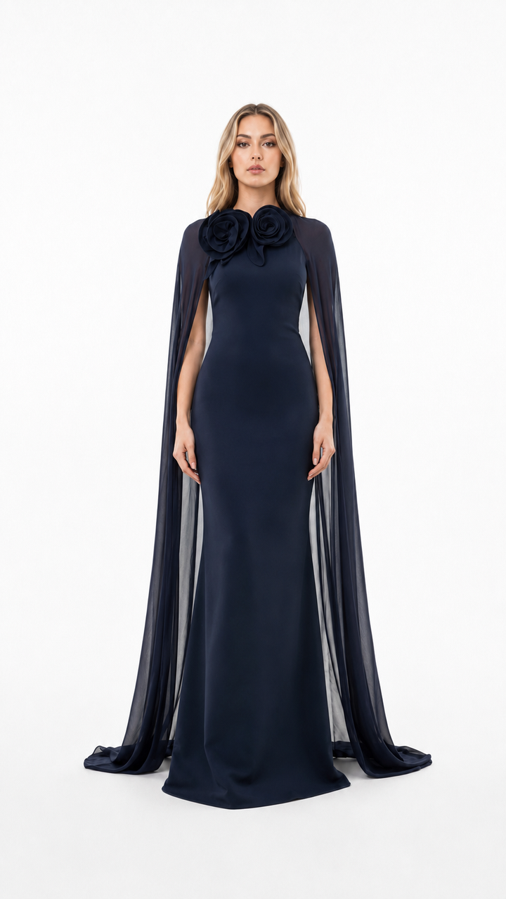 Navy Floral Cape Mermaid Evening Gown – STELLA