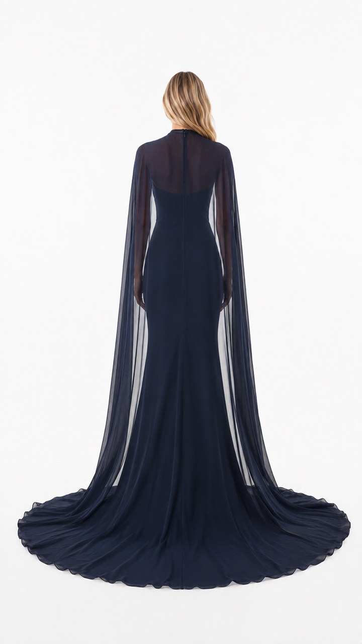 Navy Floral Cape Mermaid Evening Gown – STELLA