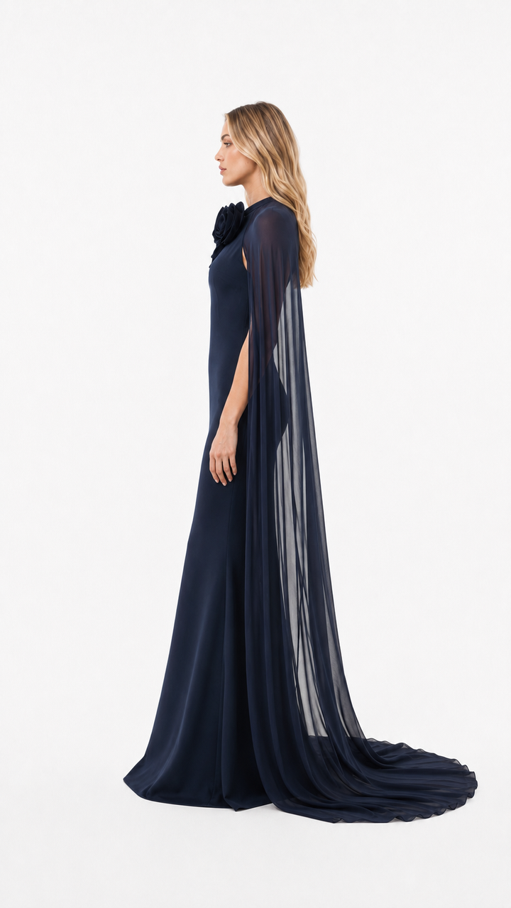 Navy Floral Cape Mermaid Evening Gown – STELLA
