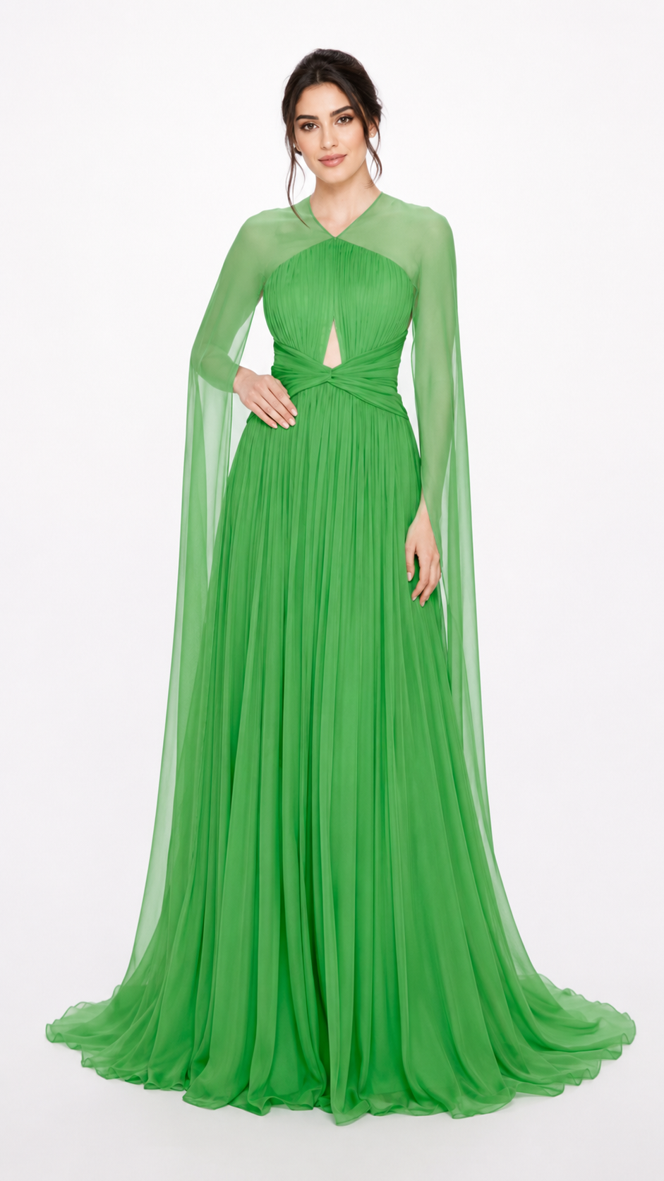 Emerald Pleated Cape Sleeve Evening Gown – CELESTE