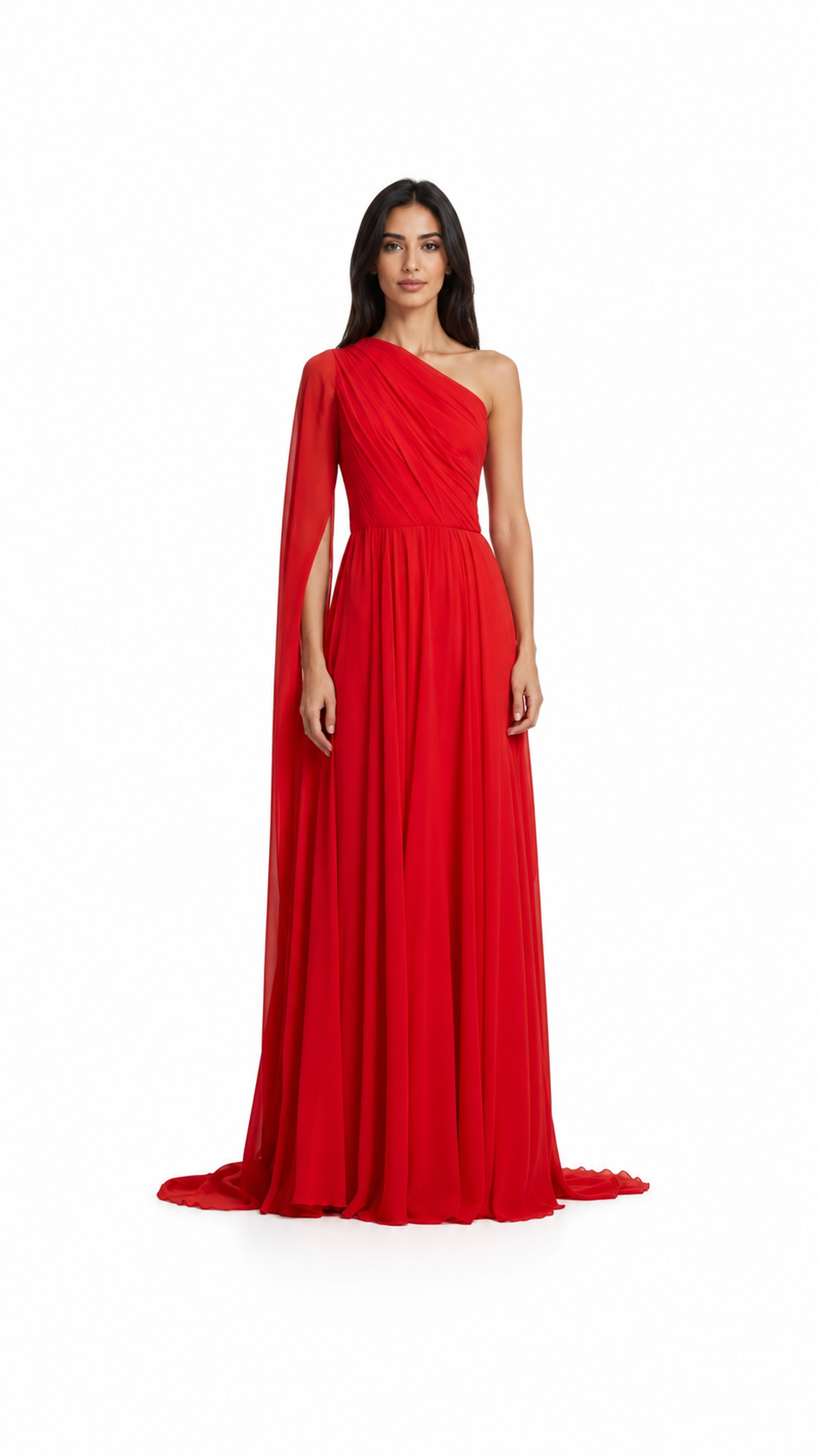 Red One-Shoulder Draped Cape Evening Gown – VALERIA