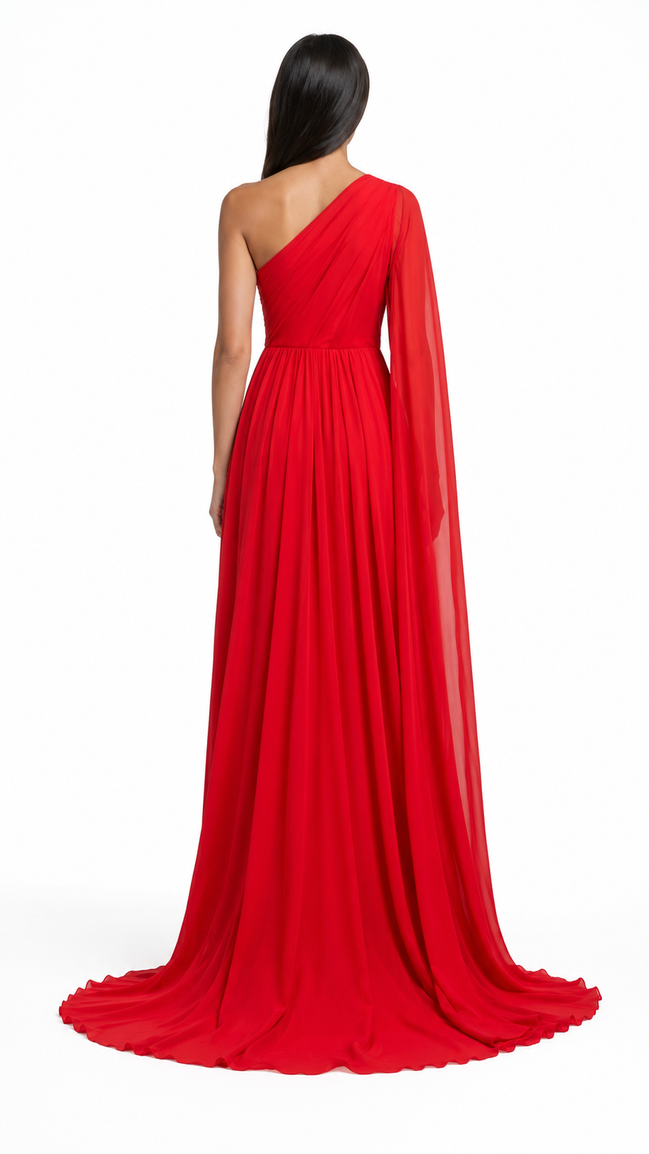 Red One-Shoulder Draped Cape Evening Gown – VALERIA