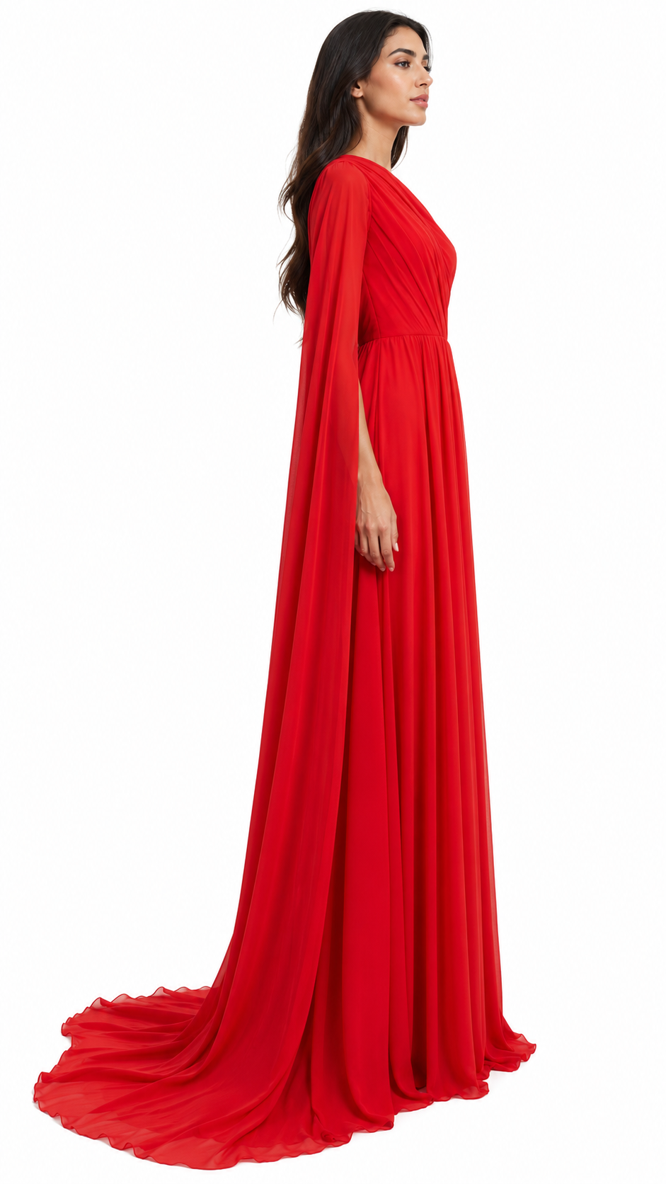 Red One-Shoulder Draped Cape Evening Gown – VALERIA