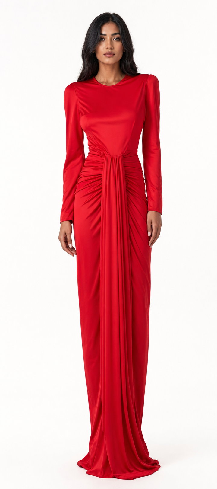 Red Draped Waist Maxi Evening Dress – ELARA