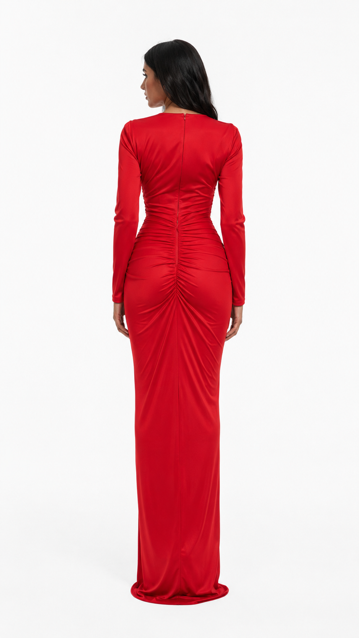Red Draped Waist Maxi Evening Dress – ELARA