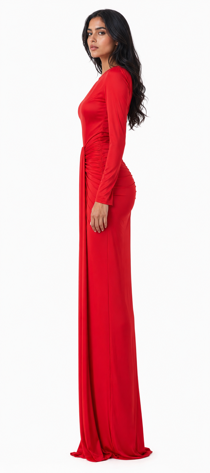 Red Draped Waist Maxi Evening Dress – ELARA