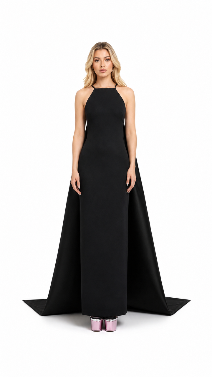 Black Halter Cape Column Evening Gown – NOILA