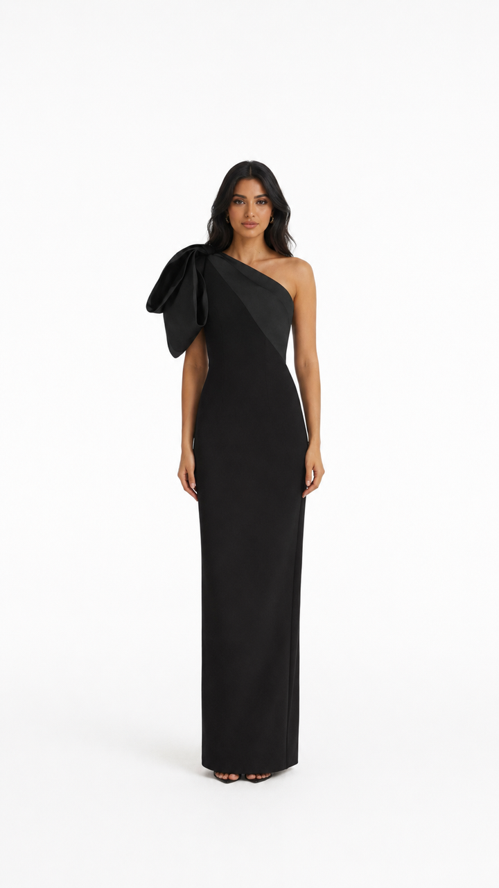 Black One-Shoulder Bow Column Evening Gown – LOIRA