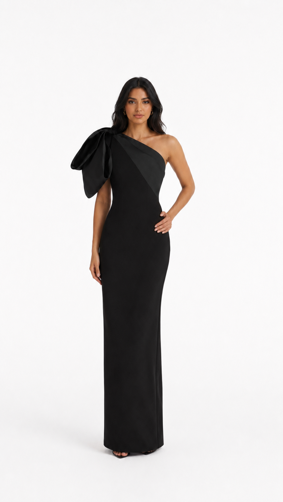 Black One-Shoulder Bow Column Evening Gown – LOIRA