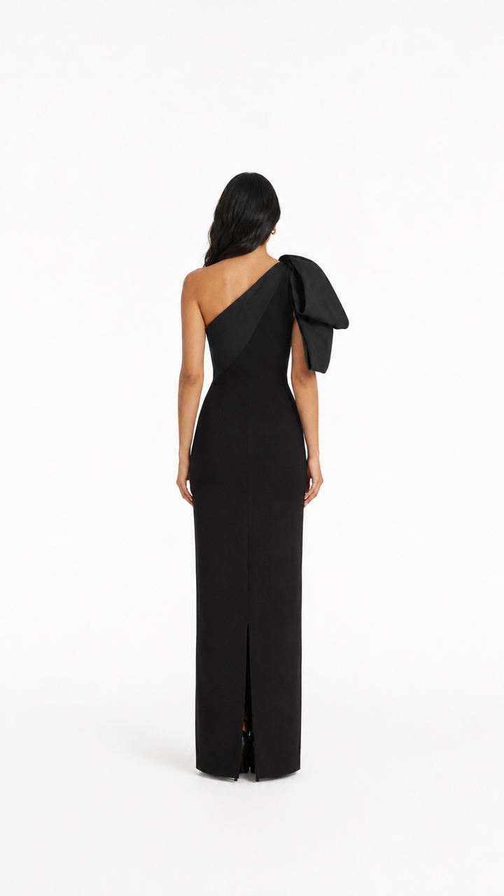 Black One-Shoulder Bow Column Evening Gown – LOIRA