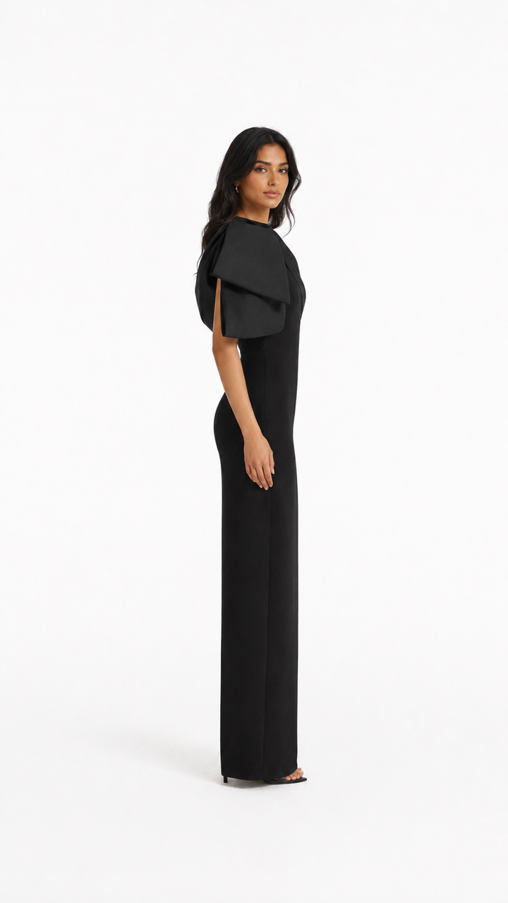 Black One-Shoulder Bow Column Evening Gown – LOIRA