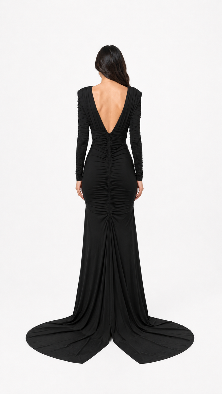 Black Plunge Ruched Mermaid Evening Gown – SELENE