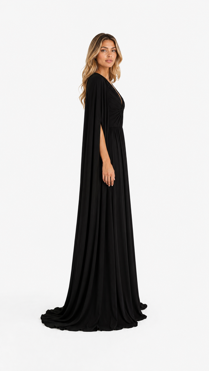Black Draped Cape Maxi Gown – CELESTIA