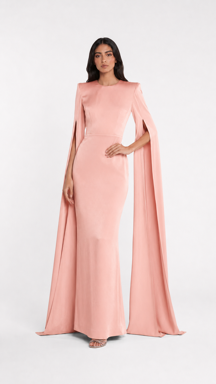 Blush Pink Cape Sleeve Column Evening Gown – AURÉLIA