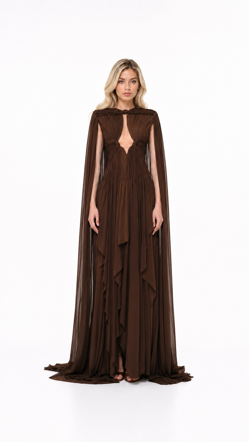Chocolate Brown Keyhole Cape Evening Gown – SIENNA