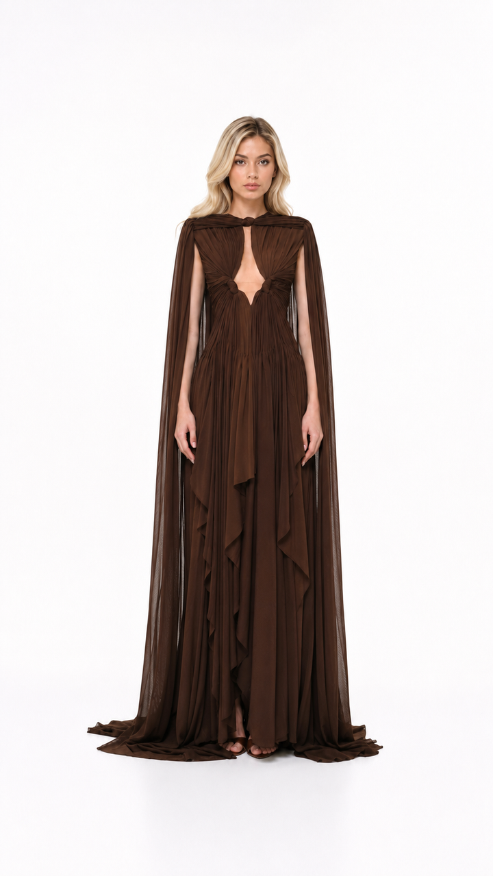 Chocolate Brown Keyhole Cape Evening Gown – SIENNA