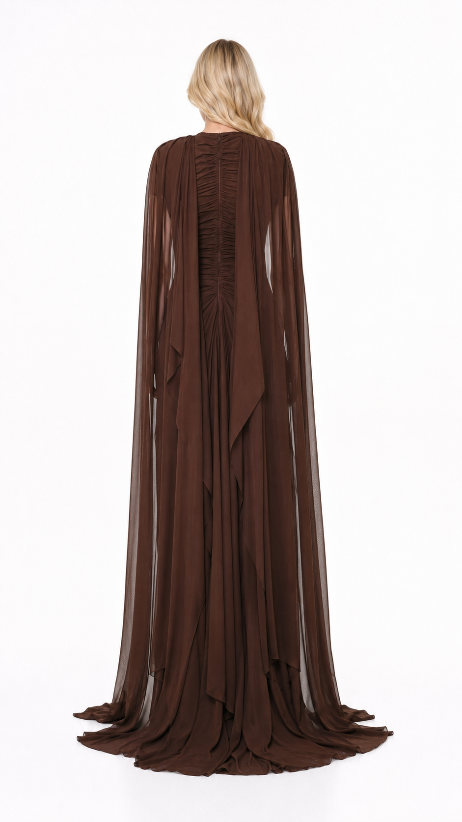 Chocolate Brown Keyhole Cape Evening Gown – SIENNA