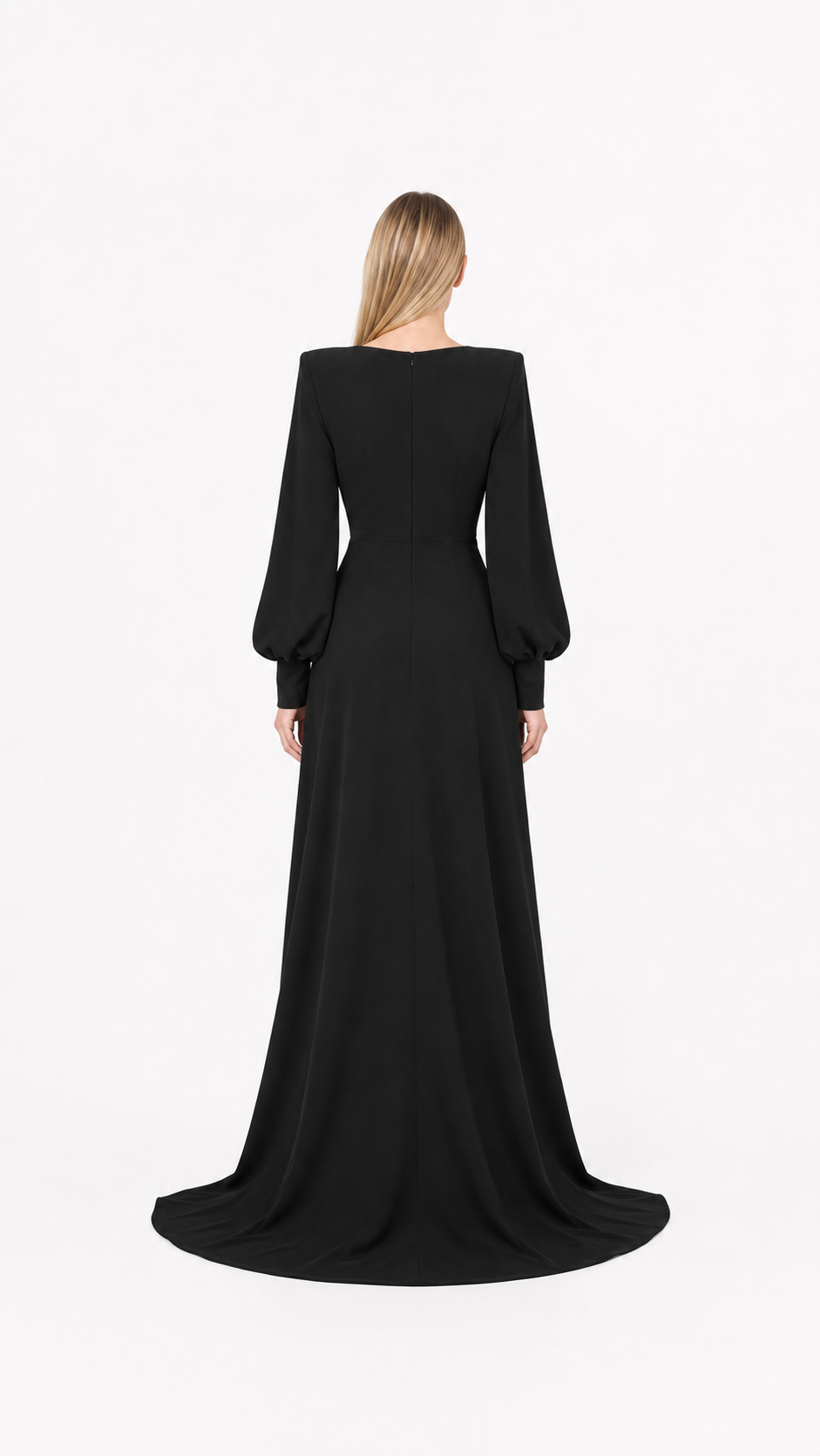 Black Plunge Balloon Sleeve Draped Evening Gown – SELENE