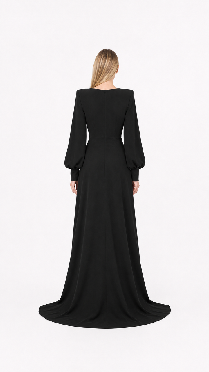 Black Plunge Balloon Sleeve Draped Evening Gown – SELENE