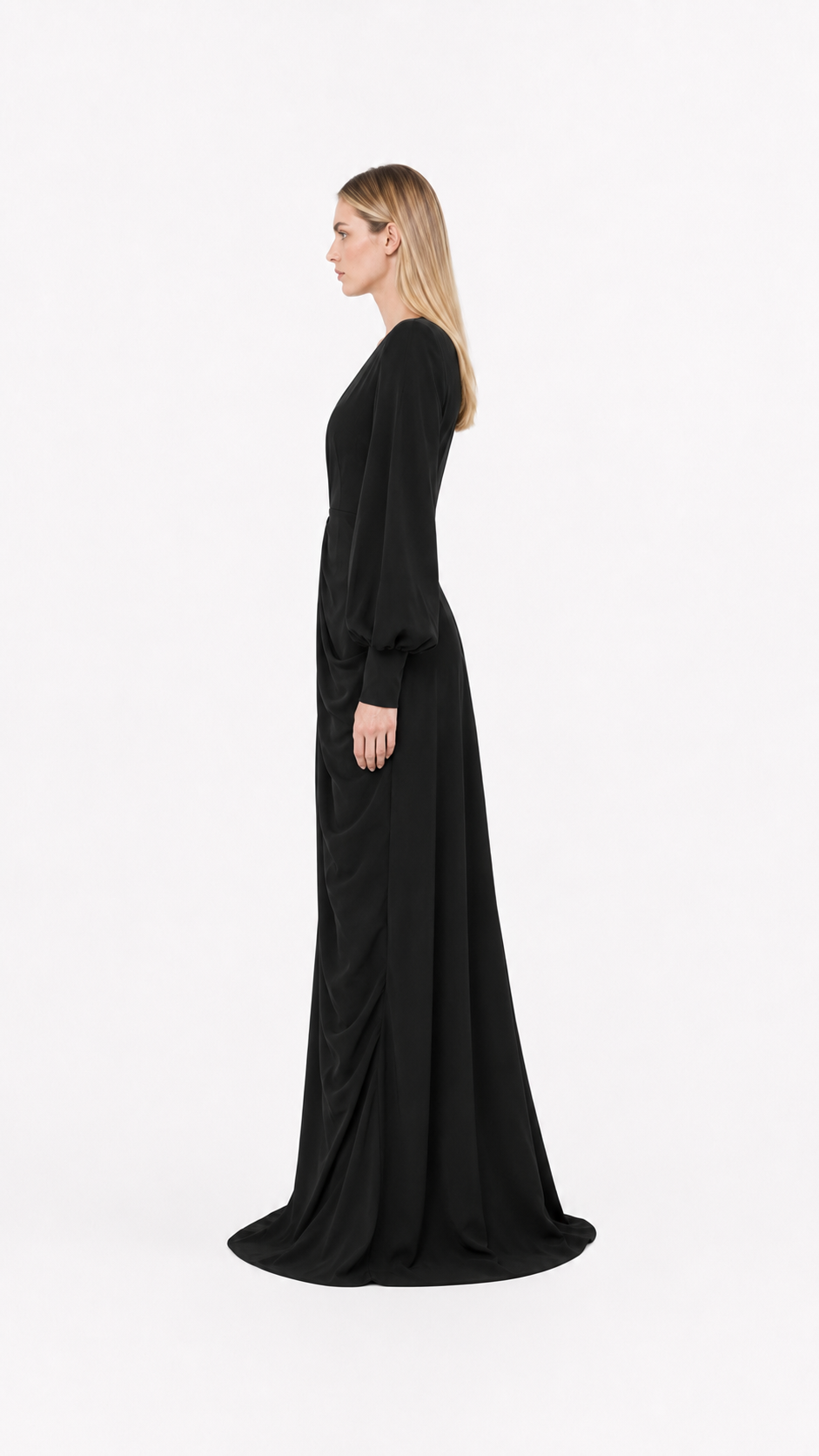 Black Plunge Balloon Sleeve Draped Evening Gown – SELENE