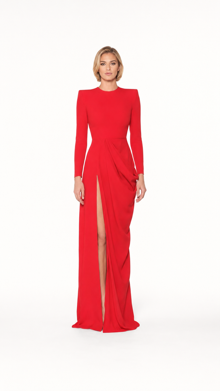 Red Draped Slit Evening Gown – SCARLETT
