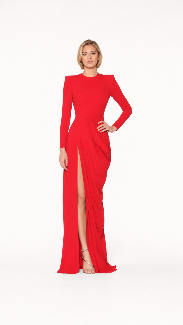 Red Draped Slit Evening Gown – SCARLETT
