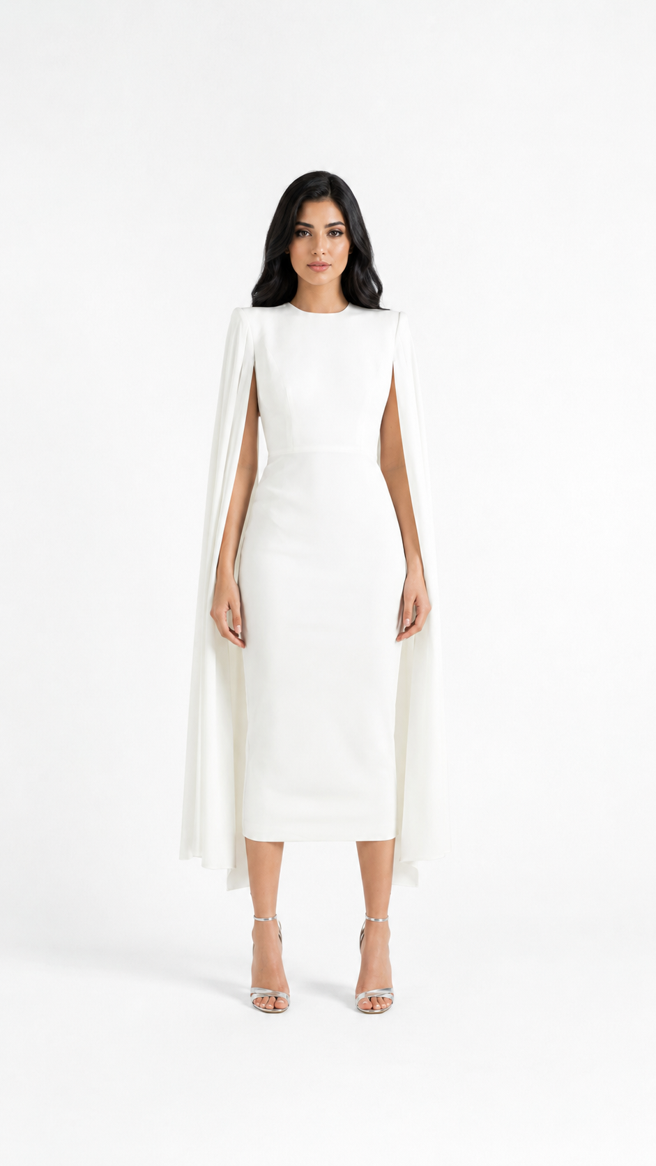 Ivory Cape Sleeve Midi Evening Dress – ELYSIA