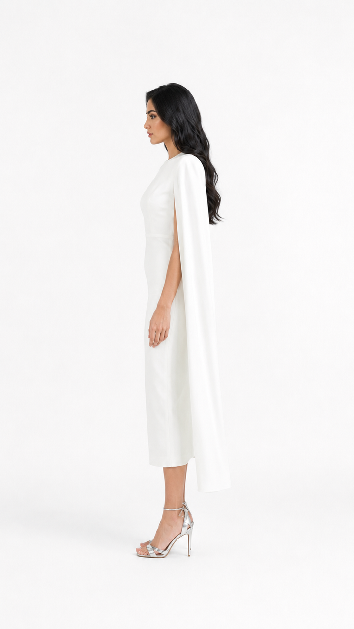 Ivory Cape Sleeve Midi Evening Dress – ELYSIA