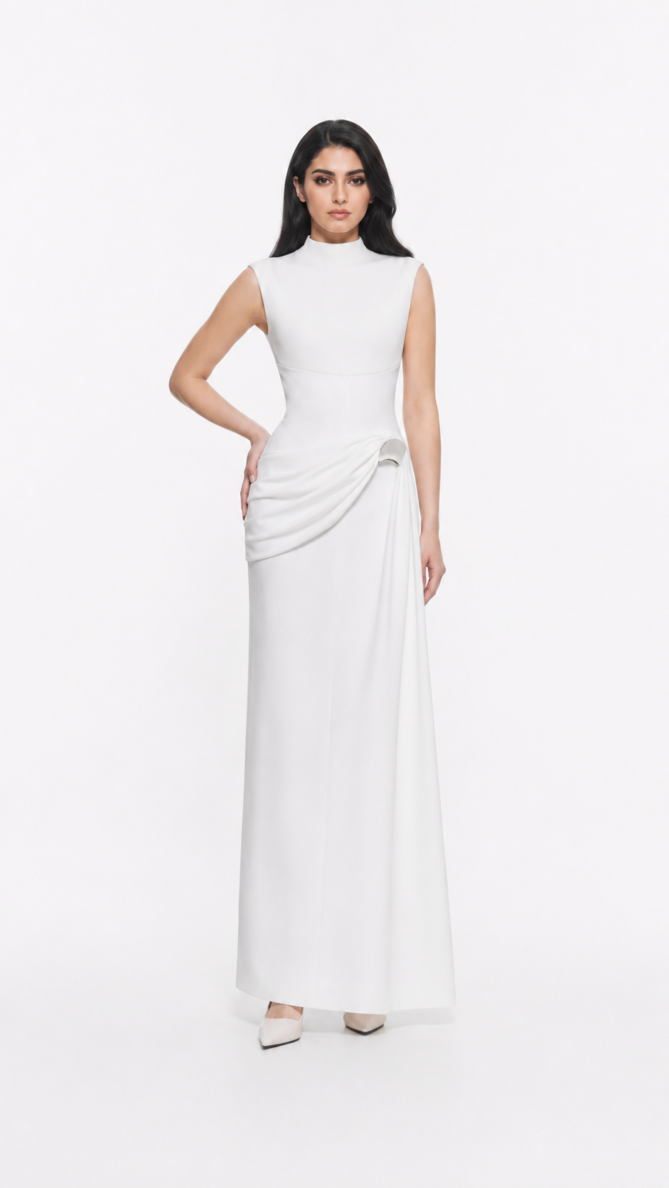 Ivory High Neck Draped Column Evening Gown – ELYSIA