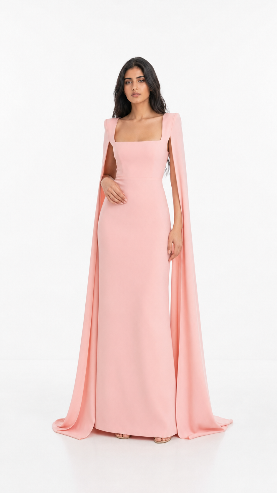 Blush Pink Square Neck Cape Evening Gown – Loneg