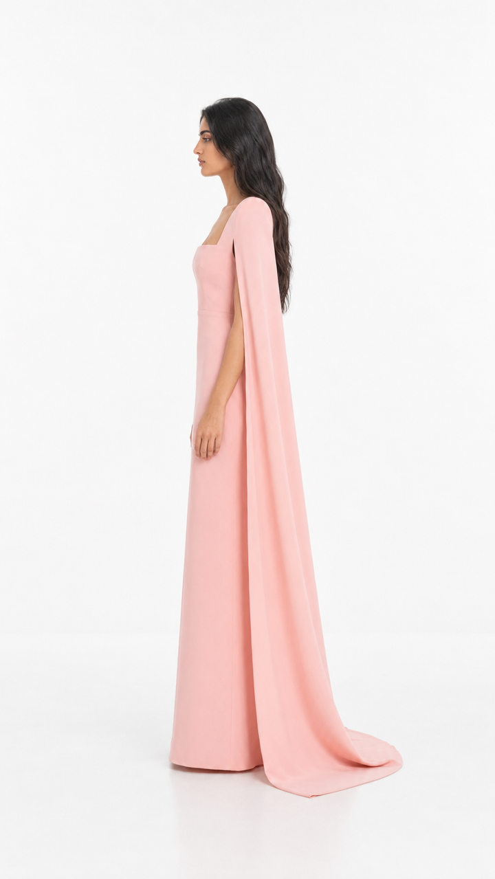 Blush Pink Square Neck Cape Evening Gown – Loneg