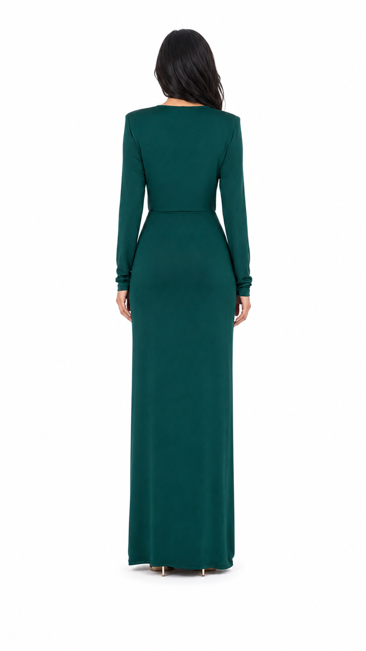 Emerald Draped V-Neck Slit Evening Gown – EMERALDÉ