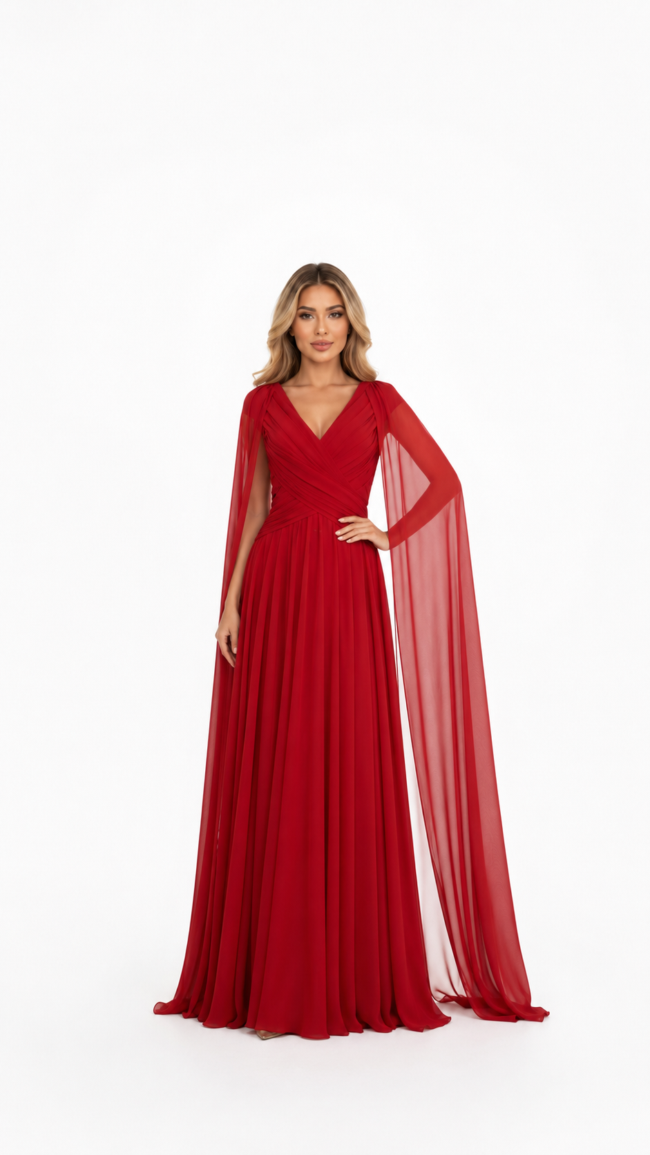 Red Draped Cape Sleeve Evening Gown – SCALES
