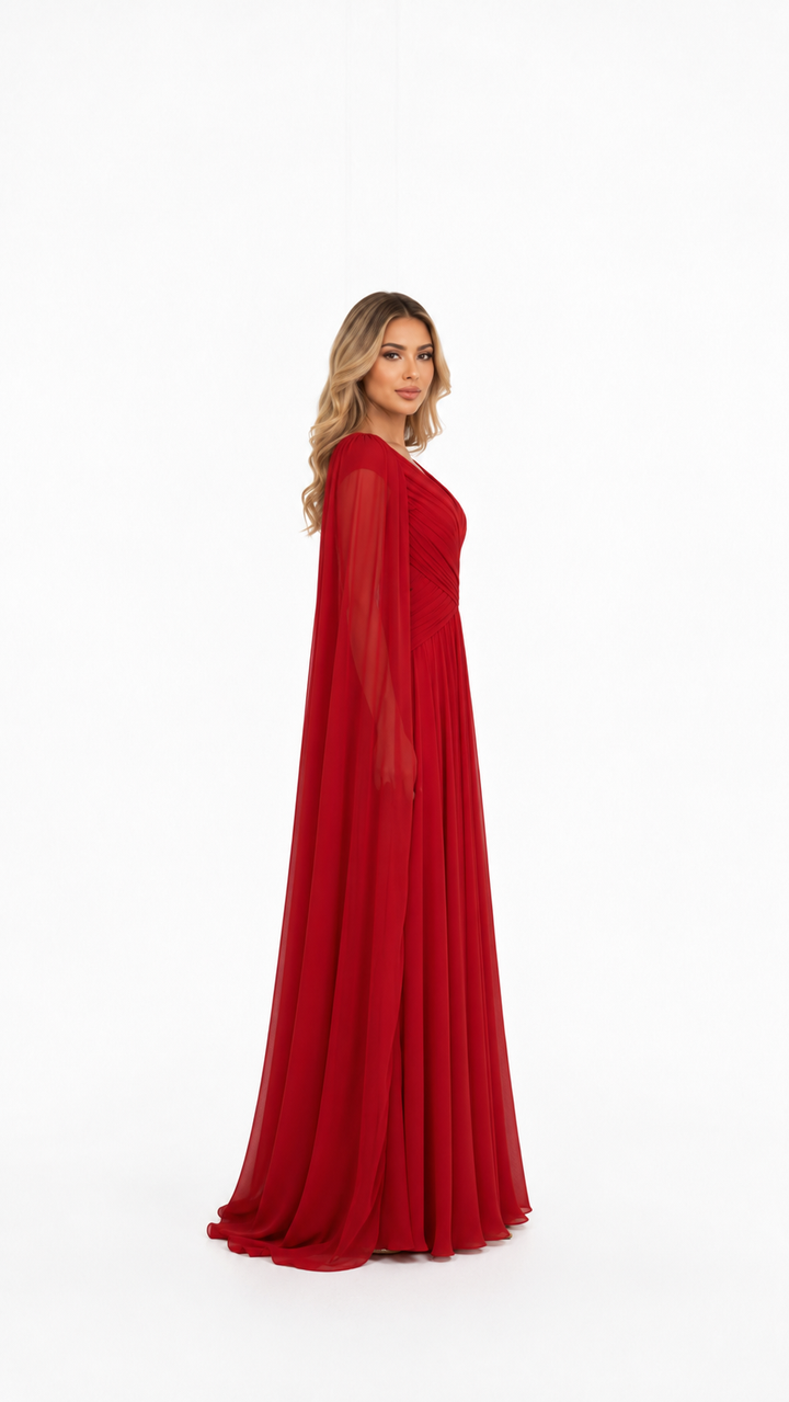 Red Draped Cape Sleeve Evening Gown – SCALES