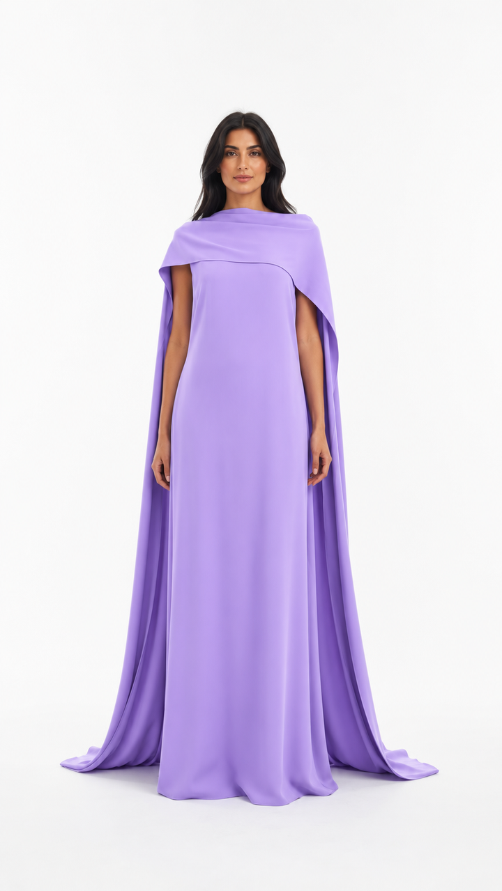 Lilac Draped Cape Maxi Evening Dress – LAVENZA