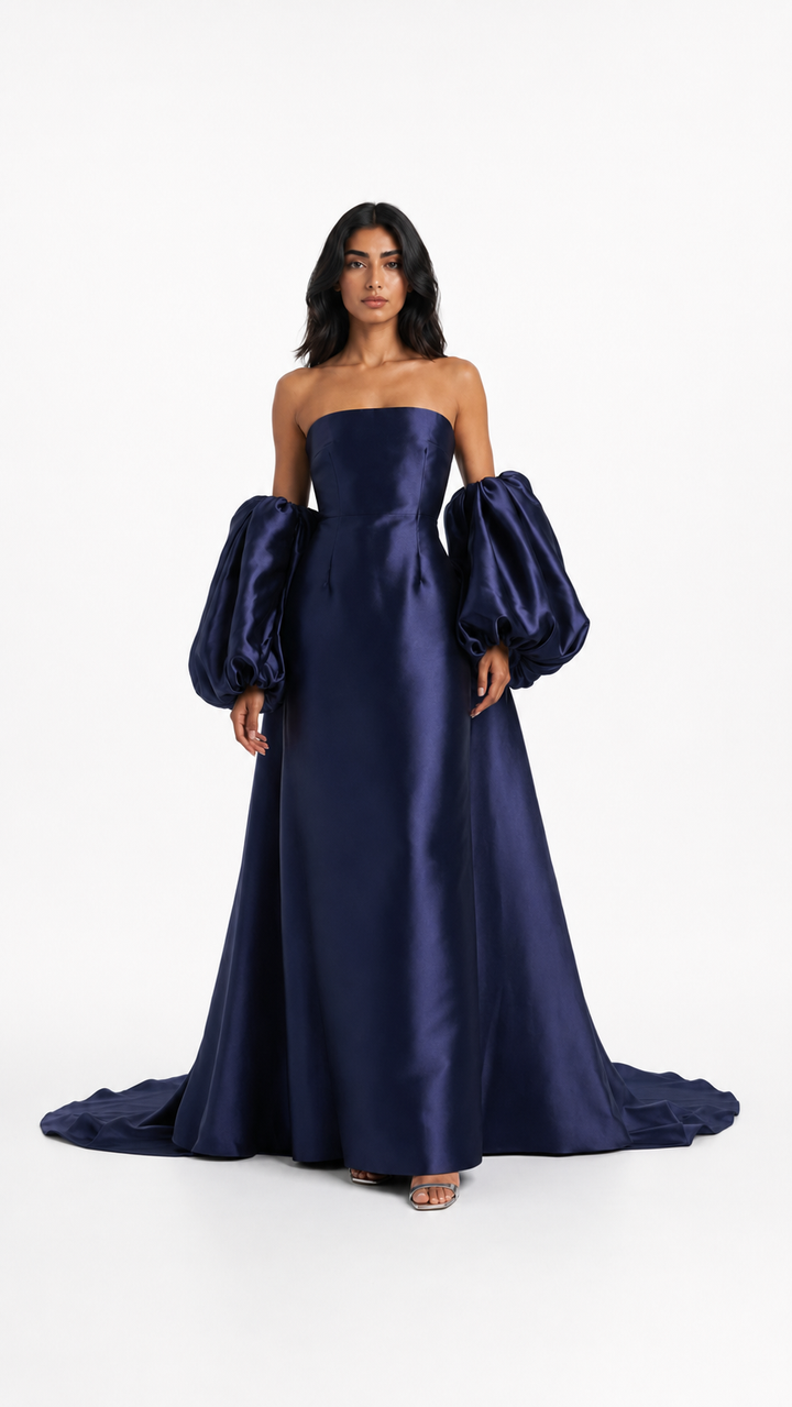 Navy Satin Off-Shoulder Puff Sleeve Evening Gown – ELARA