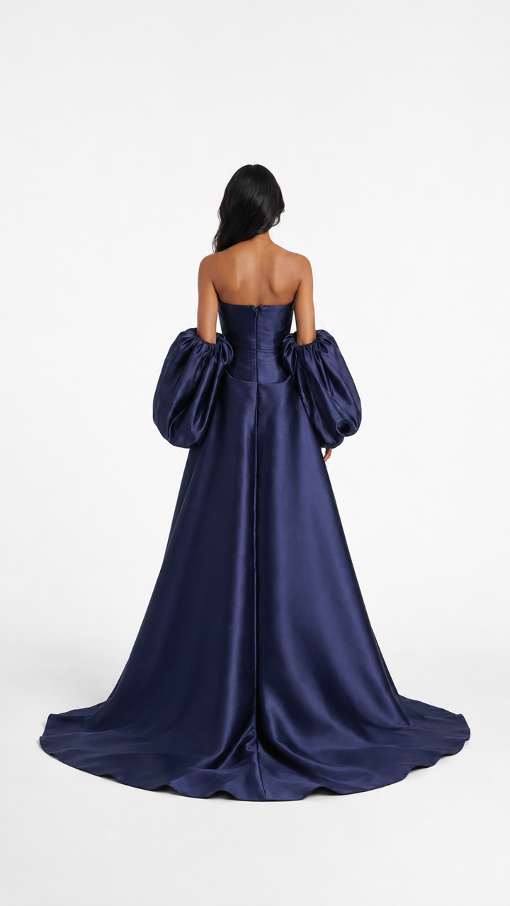 Navy Satin Off-Shoulder Puff Sleeve Evening Gown – ELARA