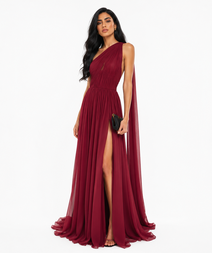 Pleated One-Shoulder Maxi Dress – ARIA