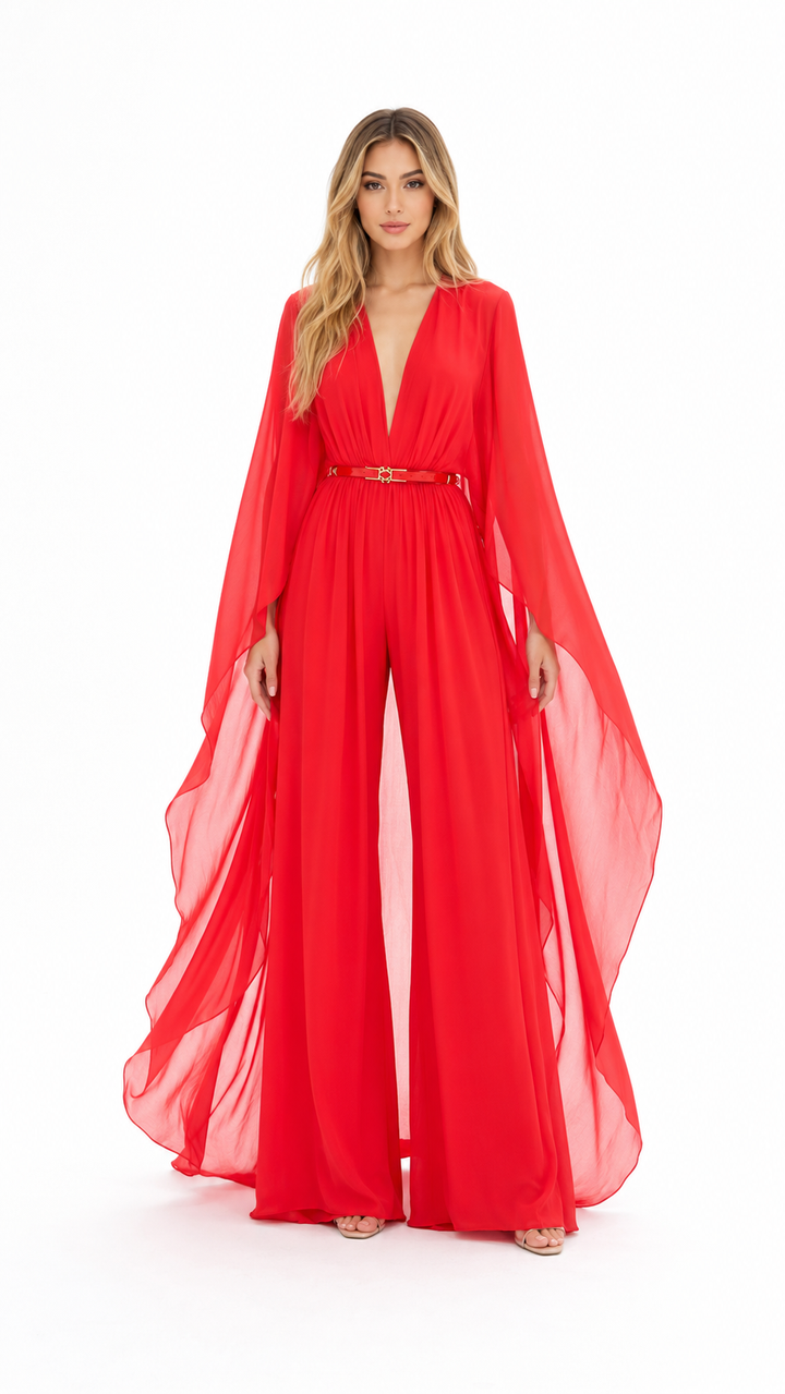 Red Chiffon Cape Jumpsuit – NOVA