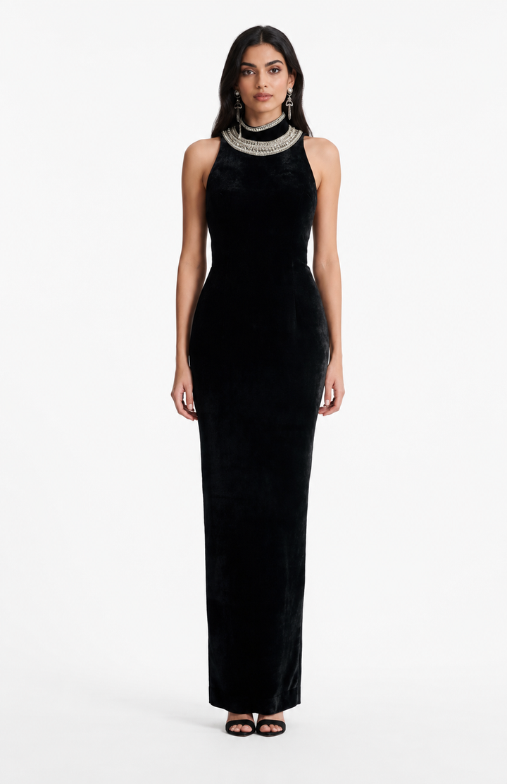 Black Embellished High Neck Maxi Dress – STELLA