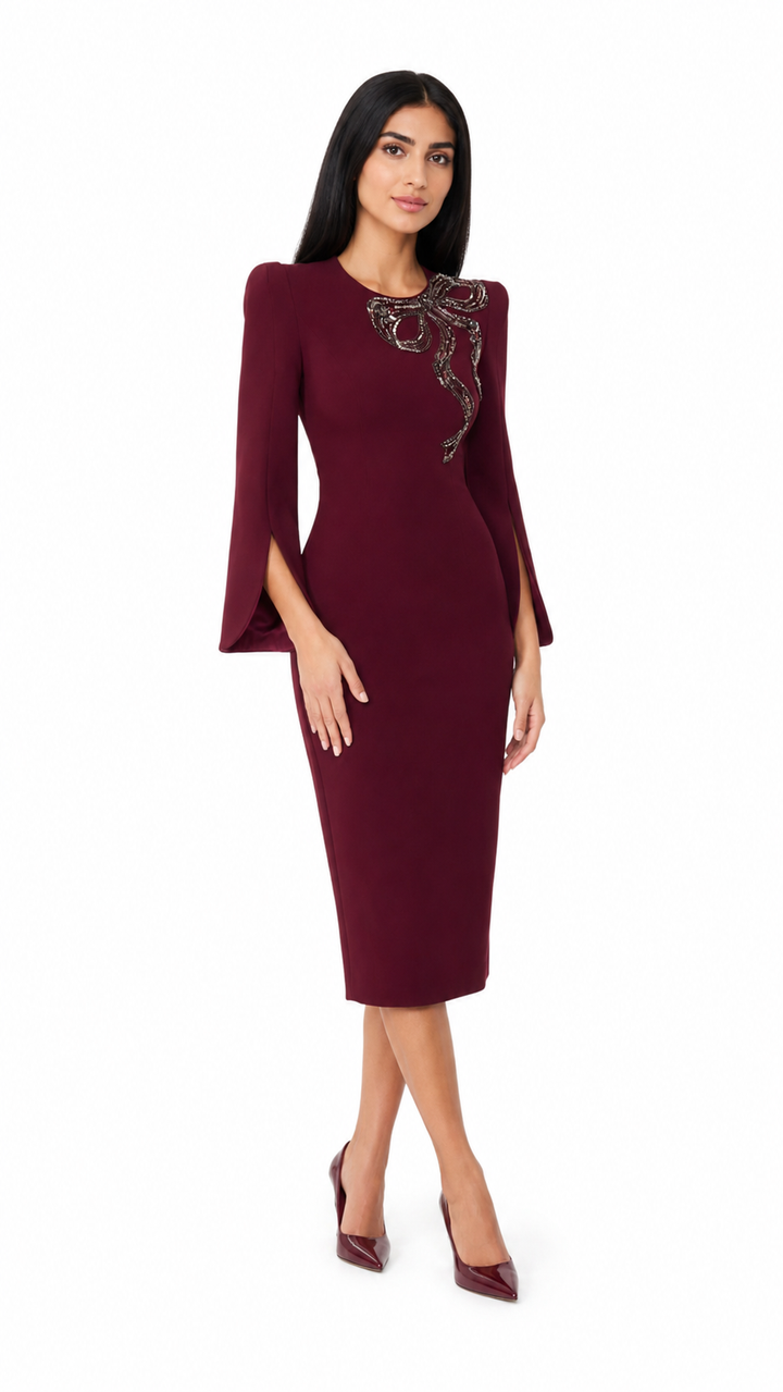 Burgundy Embellished Bow Midi Dress – VERA