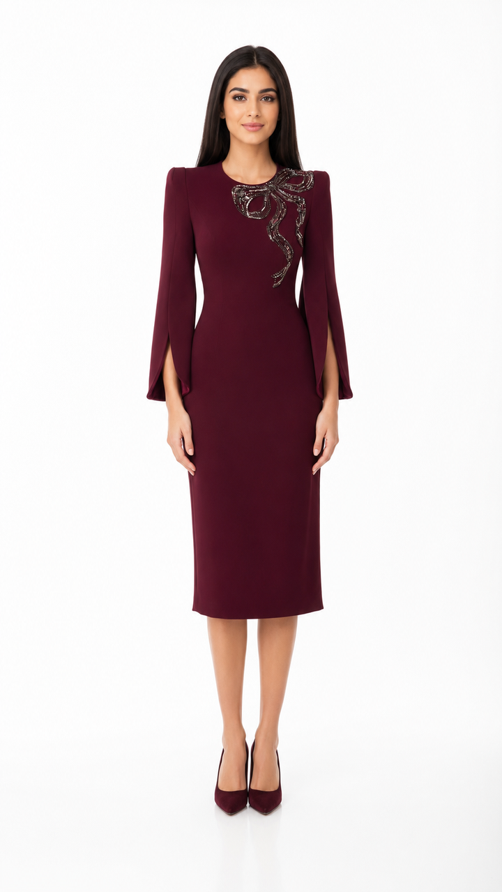 Burgundy Embellished Bow Midi Dress – VERA