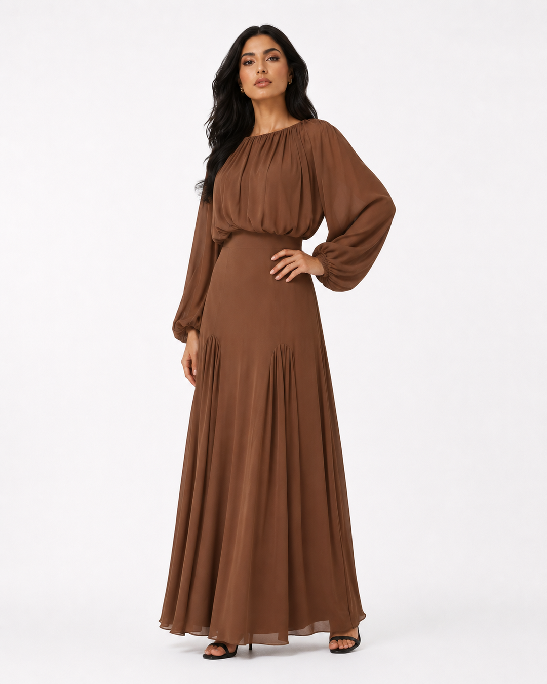 Gathered Long-Sleeve Maxi Dress – ELOISE