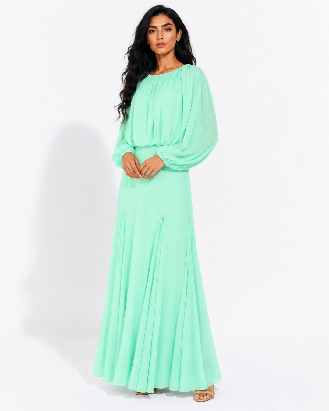 Gathered Long-Sleeve Maxi Dress – ELOISE