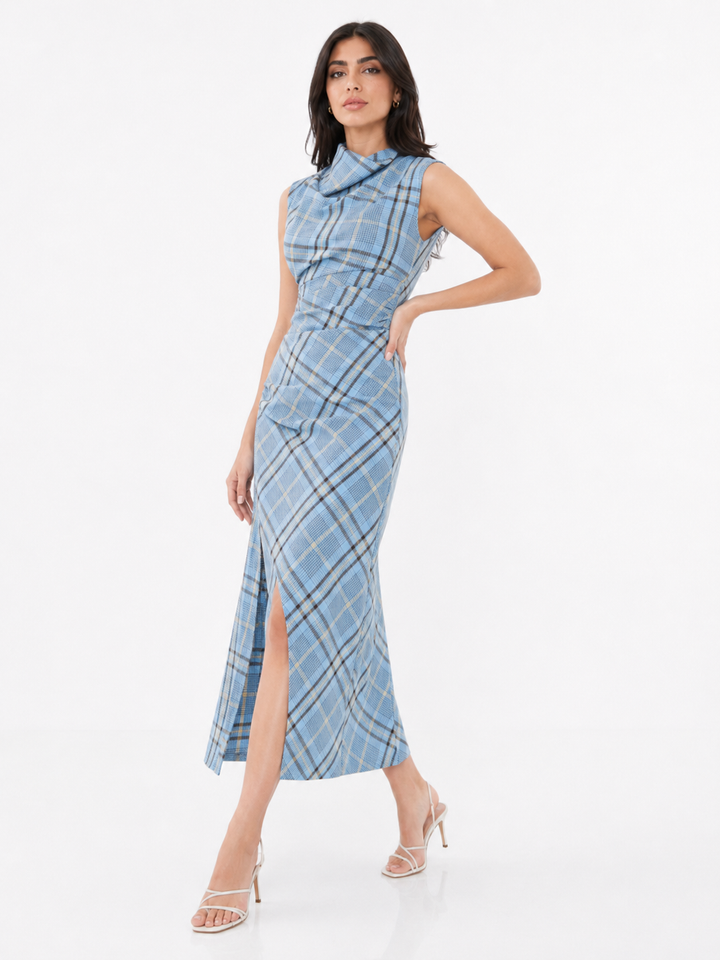 Plaid Draped Midi Dress – EMILIA