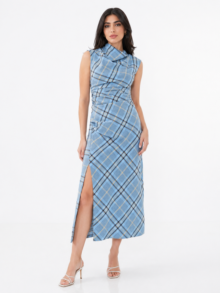 Plaid Draped Midi Dress – EMILIA