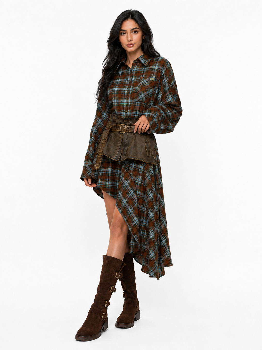 Plaid Shirt & Utility Skirt Set - Rowan
